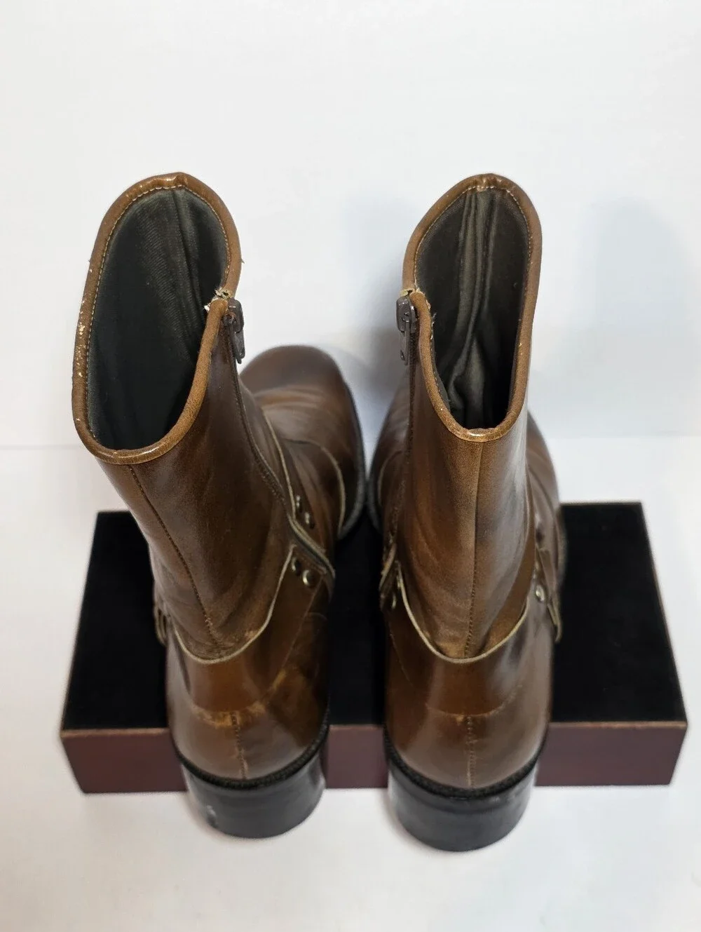 Vintage 70s Mens UN Shoes Brown Leather Zip Harness Boots Square Toe Size 8-8.5